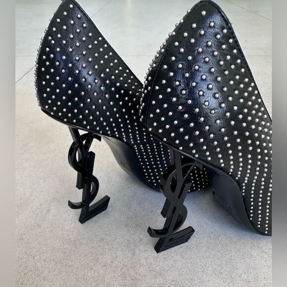 Saint Laurent Opyum 110 YSL Pumps Leather Studded Black High Heels EU 38 US 8 - Picture 5 of 11